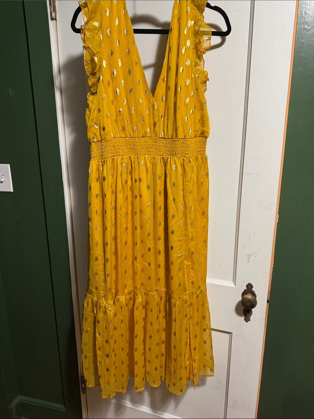Lulu's Golden Yellow Metallic Polka Dot V-Neck Midi Dress
